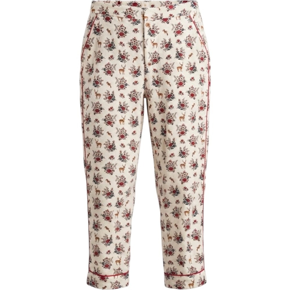 Sundance Women Cropped Pants M Cream Floral Deer Woodland Cotton Cottagecore